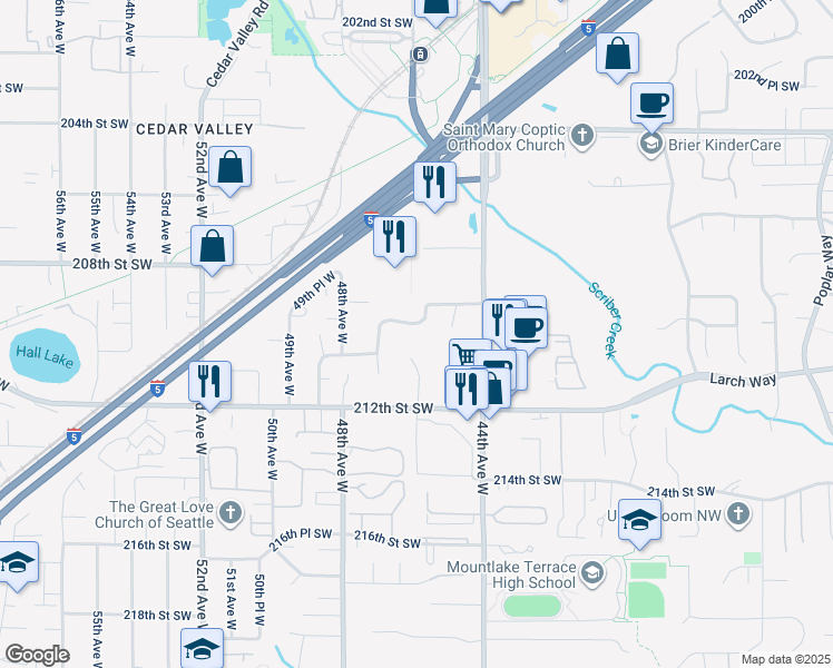 map of restaurants, bars, coffee shops, grocery stores, and more near 20933 45th Place West in Lynnwood