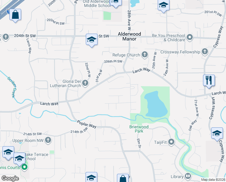 map of restaurants, bars, coffee shops, grocery stores, and more near 2933 210th Street Southwest in Lynnwood