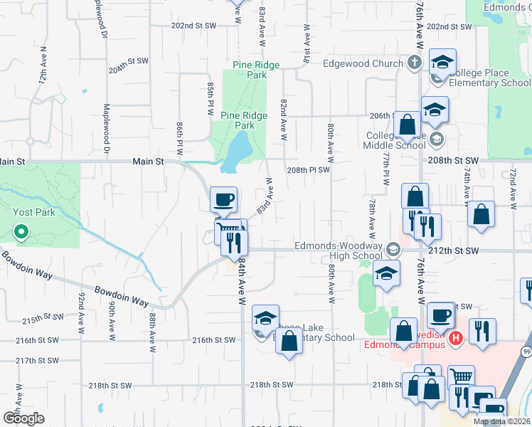 map of restaurants, bars, coffee shops, grocery stores, and more near 21001 83rd Avenue West in Edmonds