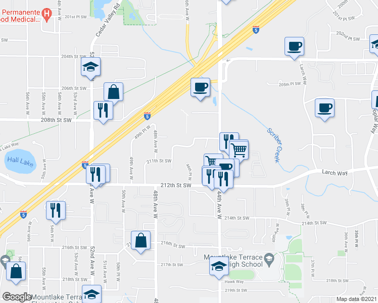 map of restaurants, bars, coffee shops, grocery stores, and more near 20933 45th Pl W in Lynnwood