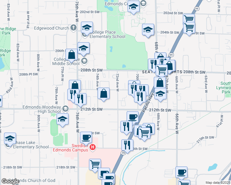 map of restaurants, bars, coffee shops, grocery stores, and more near 21006 72nd Avenue West in Edmonds