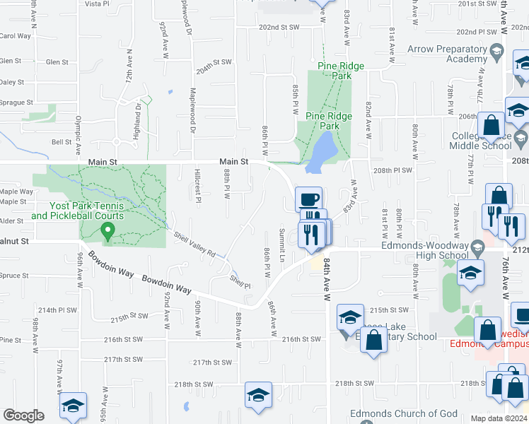 map of restaurants, bars, coffee shops, grocery stores, and more near 21001 Pioneer Way in Edmonds