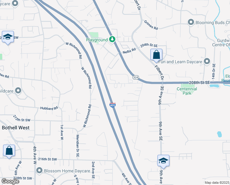 map of restaurants, bars, coffee shops, grocery stores, and more near 310 208th Street Southeast in Bothell