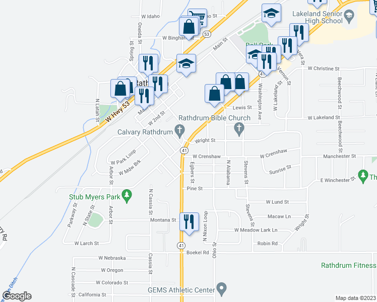 map of restaurants, bars, coffee shops, grocery stores, and more near 14978 Idaho 41 in Rathdrum