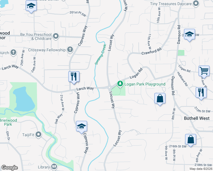 map of restaurants, bars, coffee shops, grocery stores, and more near 21010 Locust Way in Lynnwood