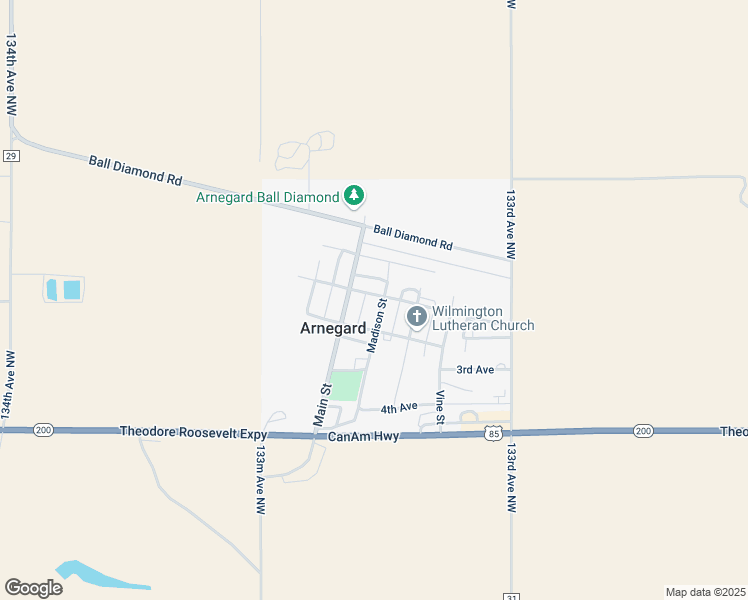 map of restaurants, bars, coffee shops, grocery stores, and more near 203 2nd Avenue East in Arnegard