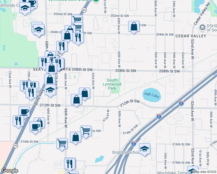 map of restaurants, bars, coffee shops, grocery stores, and more near 21002 61st Avenue West in Lynnwood