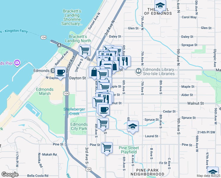 map of restaurants, bars, coffee shops, grocery stores, and more near 405 5th Avenue South in Edmonds