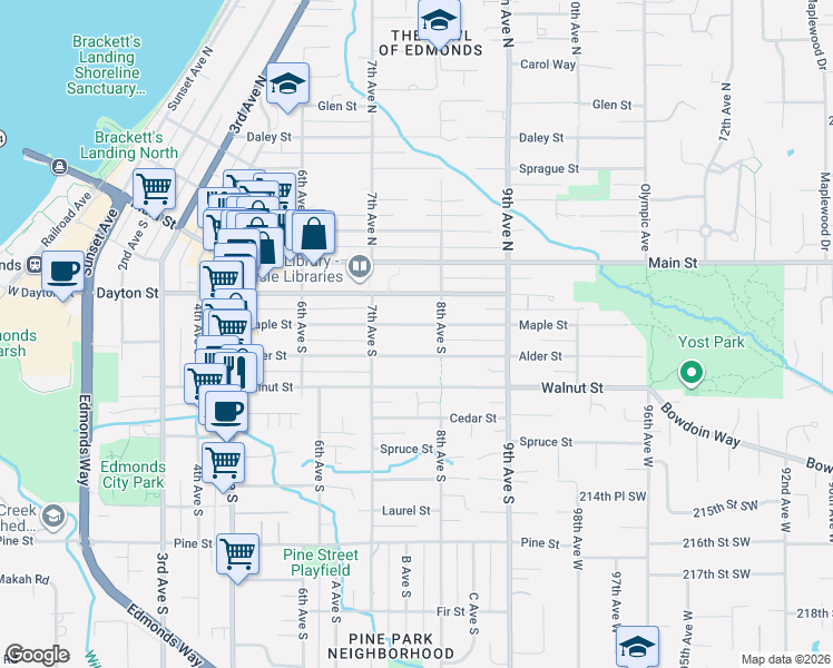 map of restaurants, bars, coffee shops, grocery stores, and more near 750 Maple Street in Edmonds