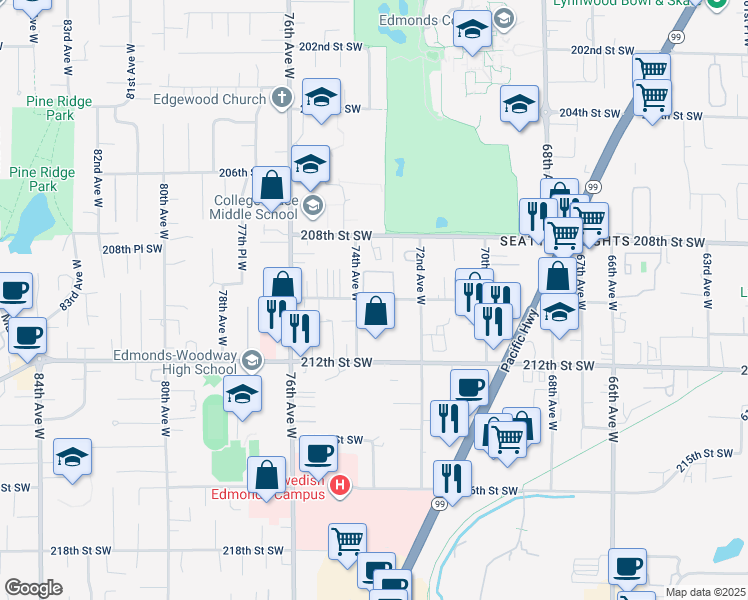 map of restaurants, bars, coffee shops, grocery stores, and more near 21019 74th Avenue West in Edmonds