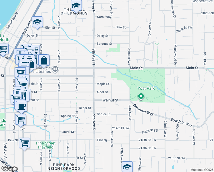 map of restaurants, bars, coffee shops, grocery stores, and more near 932 Alder Street in Edmonds