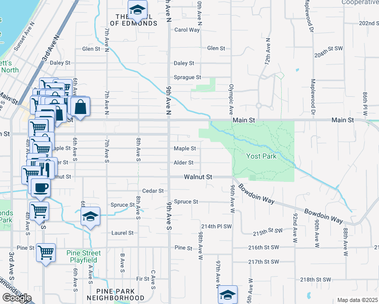 map of restaurants, bars, coffee shops, grocery stores, and more near 932 Alder Street in Edmonds