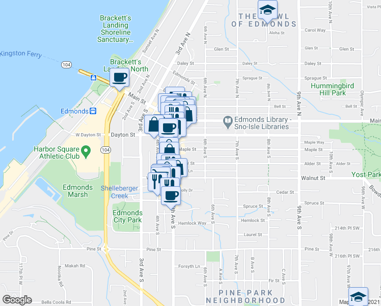 map of restaurants, bars, coffee shops, grocery stores, and more near 533 Alder Street in Edmonds