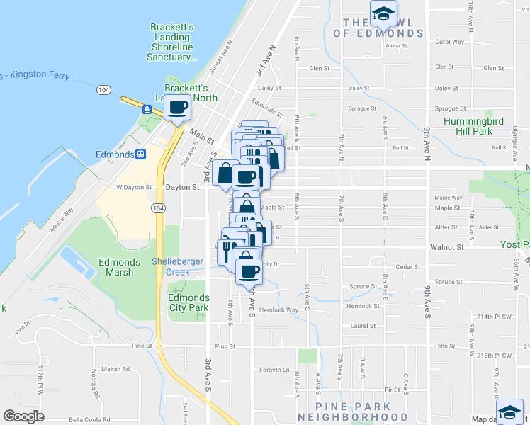 map of restaurants, bars, coffee shops, grocery stores, and more near 405 5th Avenue South in Edmonds