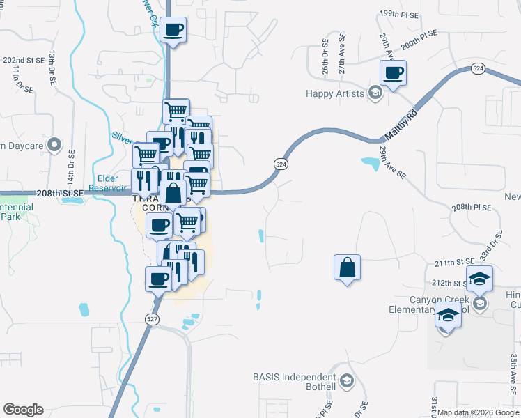 map of restaurants, bars, coffee shops, grocery stores, and more near 2301 210th Street Southeast in Bothell