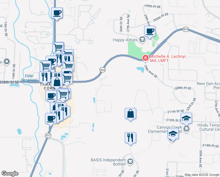 map of restaurants, bars, coffee shops, grocery stores, and more near 2421 208th Place Southeast in Bothell