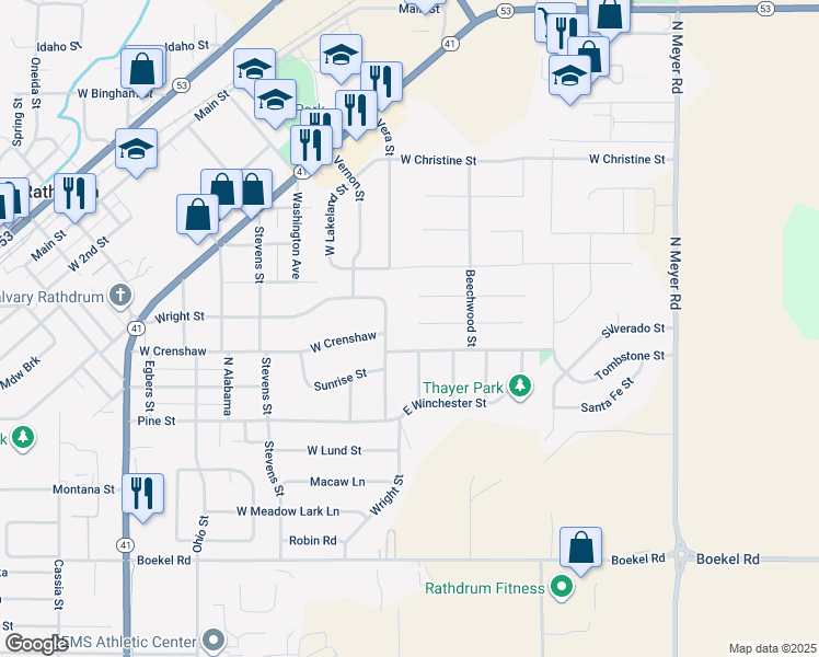 map of restaurants, bars, coffee shops, grocery stores, and more near 7144 West Tudor Street in Rathdrum