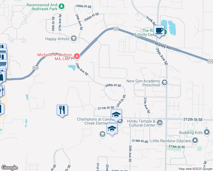 map of restaurants, bars, coffee shops, grocery stores, and more near 3210 207th Place Southeast in Bothell