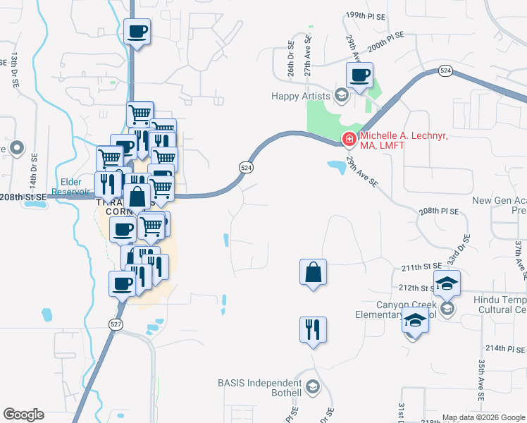 map of restaurants, bars, coffee shops, grocery stores, and more near 2421 208th Place Southeast in Bothell