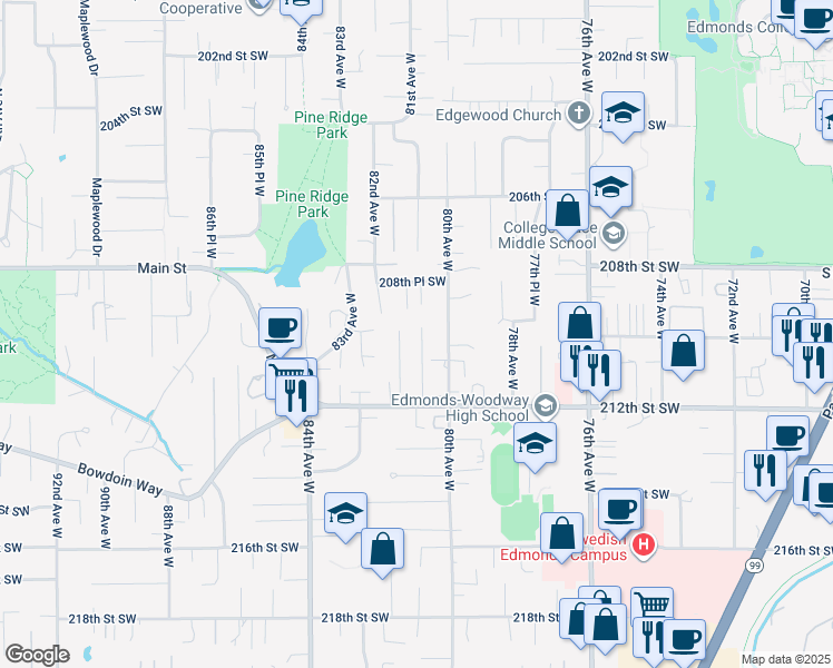 map of restaurants, bars, coffee shops, grocery stores, and more near 8116 208th Place Southwest in Edmonds