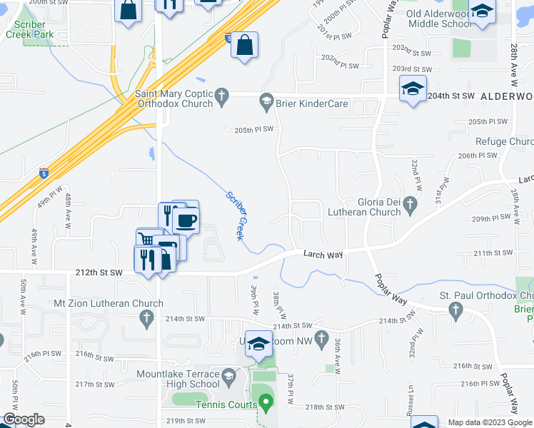 map of restaurants, bars, coffee shops, grocery stores, and more near 3823 209th Place Southwest in Lynnwood