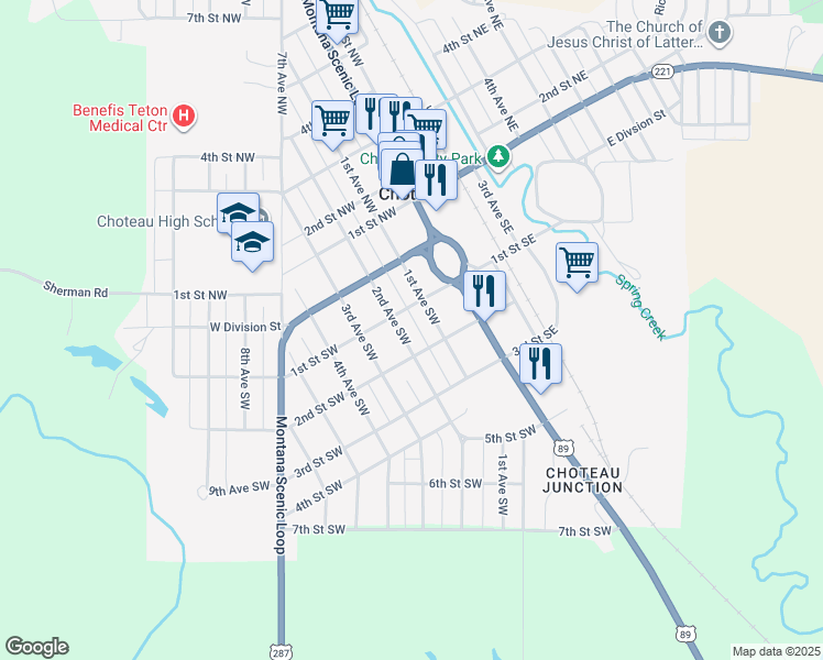 map of restaurants, bars, coffee shops, grocery stores, and more near in Choteau