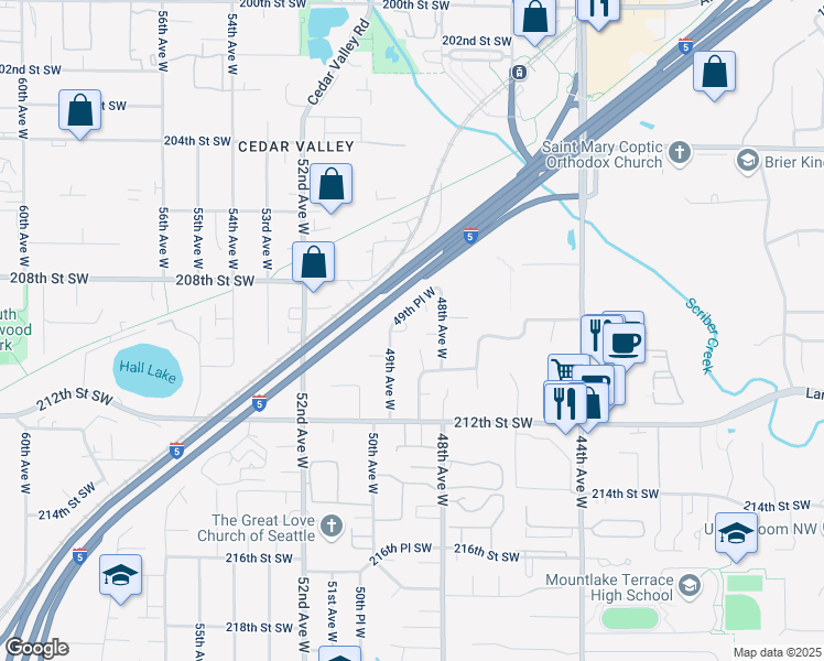 map of restaurants, bars, coffee shops, grocery stores, and more near 20823 49th Place West in Lynnwood
