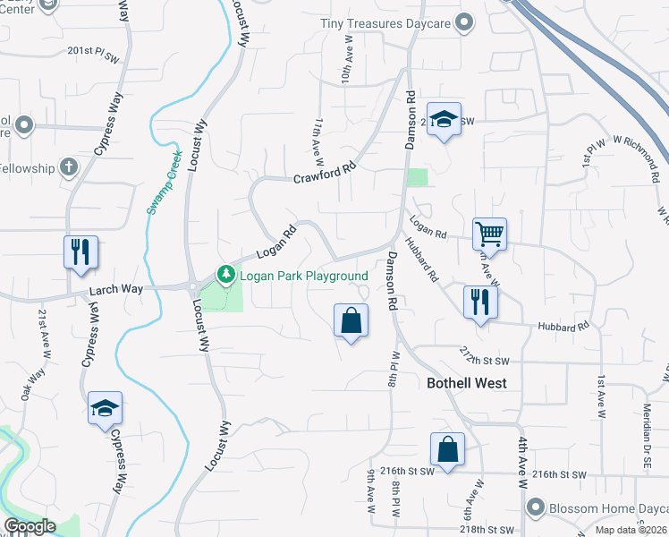 map of restaurants, bars, coffee shops, grocery stores, and more near 1008 207th Street Southwest in Lynnwood