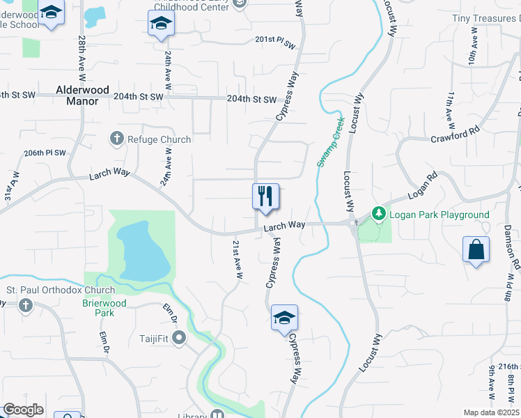 map of restaurants, bars, coffee shops, grocery stores, and more near 2007 208th Place Southwest in Lynnwood