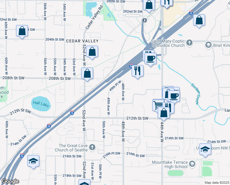 map of restaurants, bars, coffee shops, grocery stores, and more near 20823 49th Place West in Lynnwood