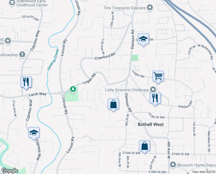 map of restaurants, bars, coffee shops, grocery stores, and more near 20733 Elberta Road in Lynnwood