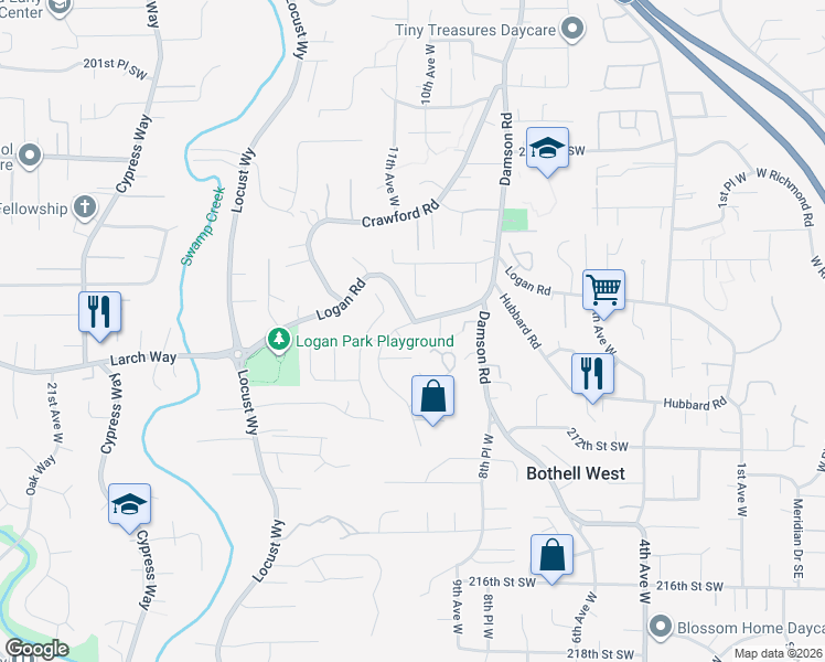 map of restaurants, bars, coffee shops, grocery stores, and more near 1008 207th Street Southwest in Lynnwood