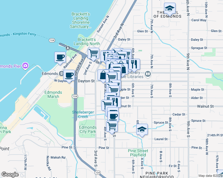 map of restaurants, bars, coffee shops, grocery stores, and more near 201 5th Avenue South in Edmonds