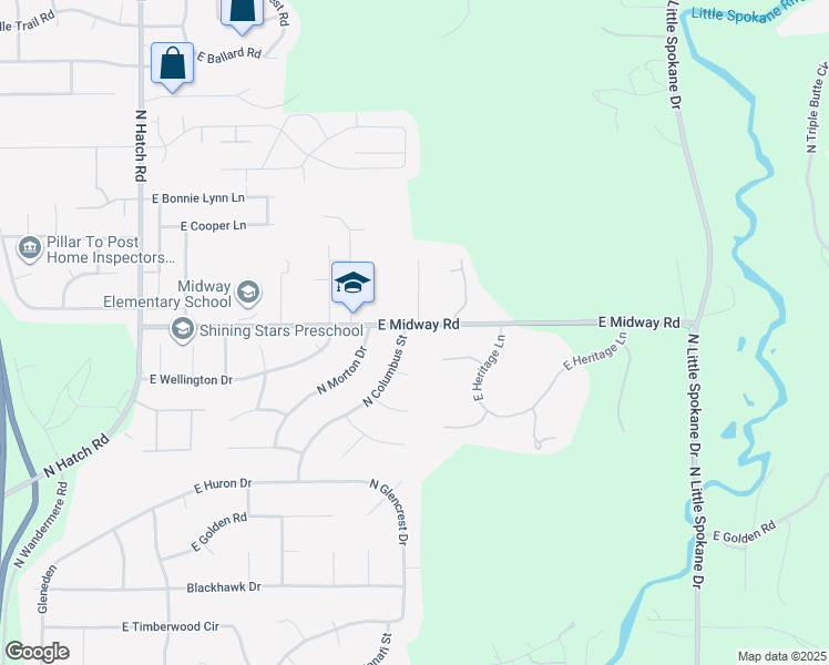 map of restaurants, bars, coffee shops, grocery stores, and more near 16654 North Columbus Street in Spokane