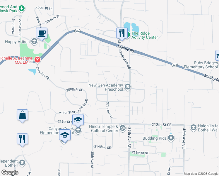 map of restaurants, bars, coffee shops, grocery stores, and more near 20727 37th Avenue Southeast in Bothell