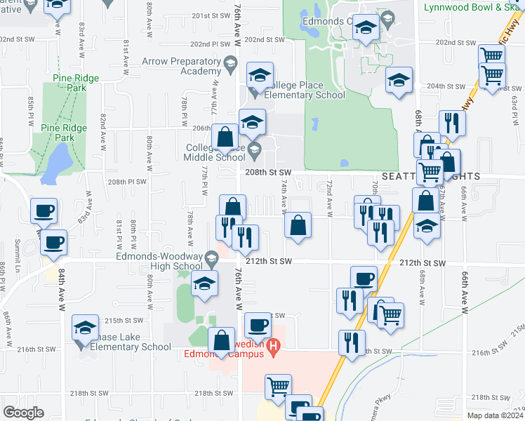 map of restaurants, bars, coffee shops, grocery stores, and more near 7437 210th Street Southwest in Edmonds