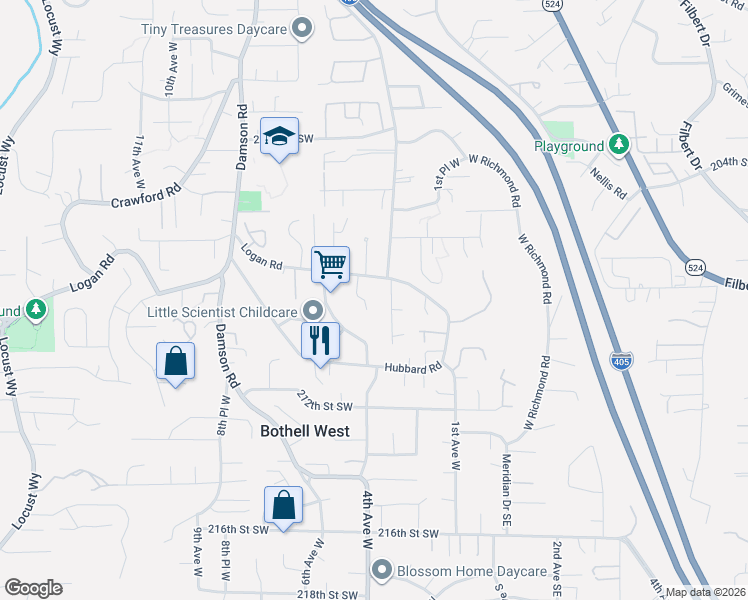 map of restaurants, bars, coffee shops, grocery stores, and more near 20821 4th Avenue West in Lynnwood