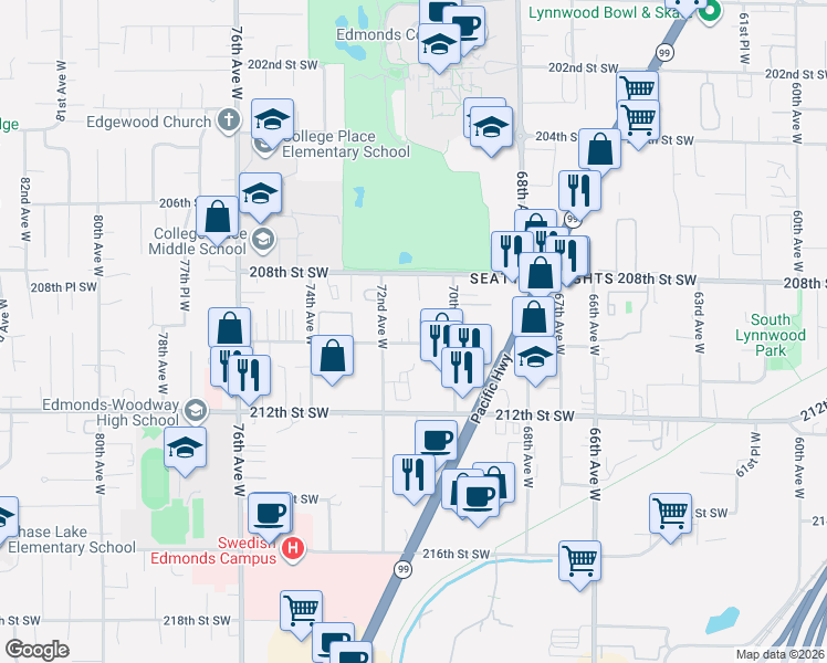 map of restaurants, bars, coffee shops, grocery stores, and more near 7107 210th Street Southwest in Edmonds