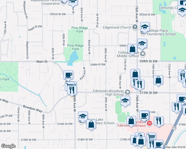 map of restaurants, bars, coffee shops, grocery stores, and more near 8116 208th Place Southwest in Edmonds