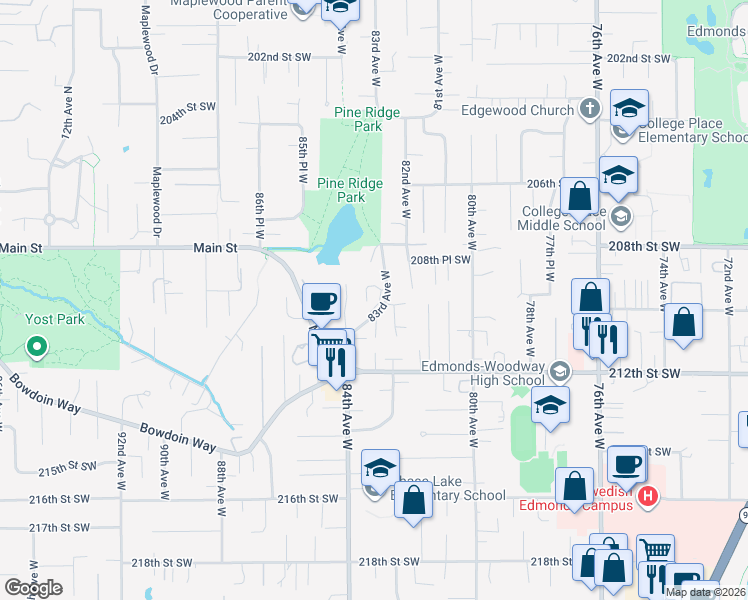 map of restaurants, bars, coffee shops, grocery stores, and more near 21000 83rd Avenue West in Edmonds