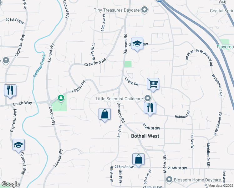map of restaurants, bars, coffee shops, grocery stores, and more near 20822 Damson Road in Lynnwood