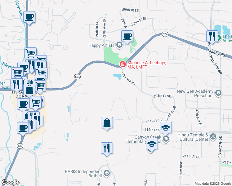 map of restaurants, bars, coffee shops, grocery stores, and more near 20628 29th Avenue Southeast in Bothell