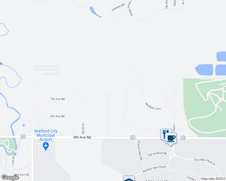 map of restaurants, bars, coffee shops, grocery stores, and more near 16 Street Northeast in Watford City