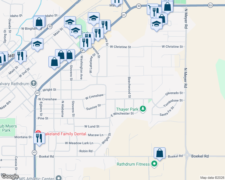 map of restaurants, bars, coffee shops, grocery stores, and more near 7144 West Tudor Street in Rathdrum
