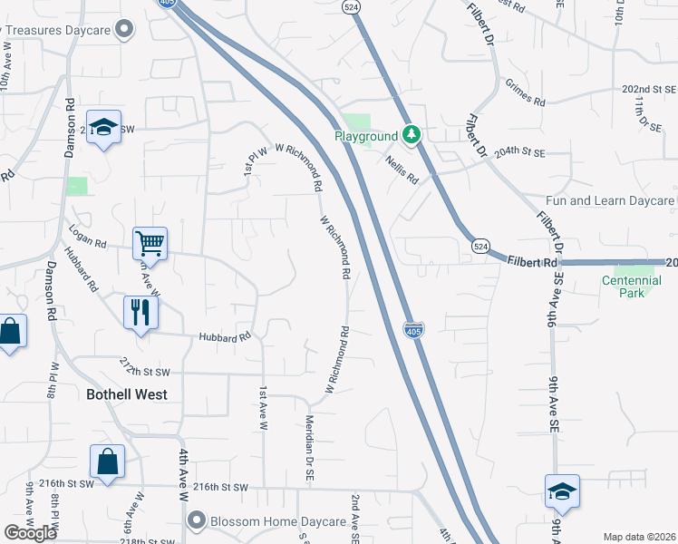 map of restaurants, bars, coffee shops, grocery stores, and more near 20803 West Richmond Road in Bothell