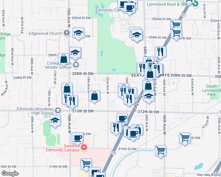 map of restaurants, bars, coffee shops, grocery stores, and more near 7107 210th Street Southwest in Edmonds