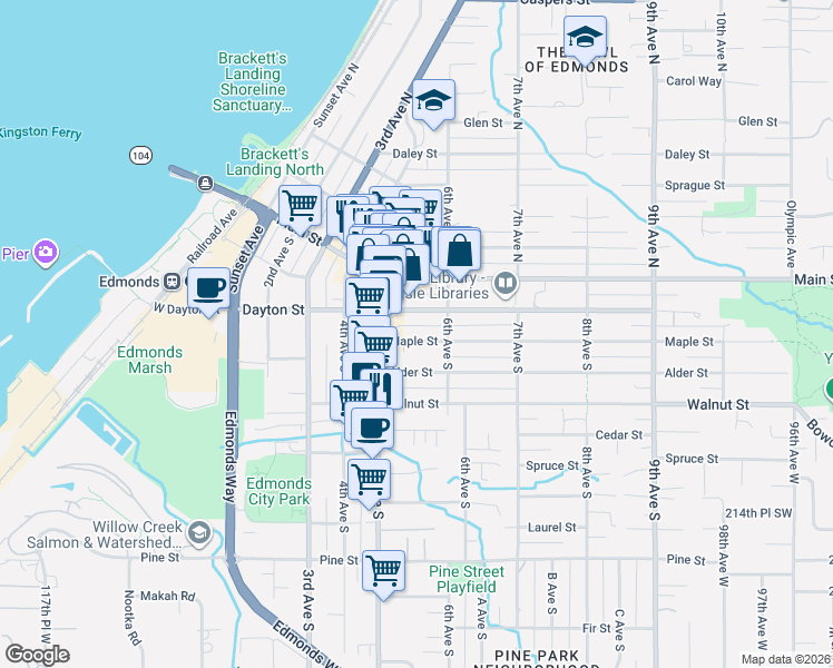 map of restaurants, bars, coffee shops, grocery stores, and more near 530 Dayton Street in Edmonds