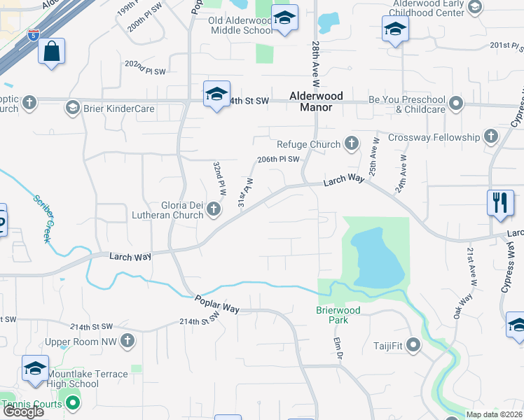 map of restaurants, bars, coffee shops, grocery stores, and more near 20818 31st Avenue West in Lynnwood