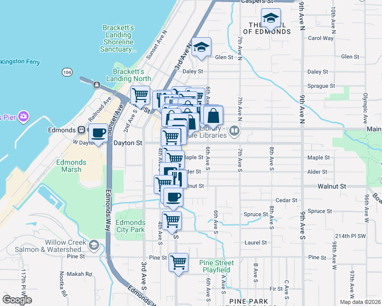 map of restaurants, bars, coffee shops, grocery stores, and more near 530 Dayton Street in Edmonds