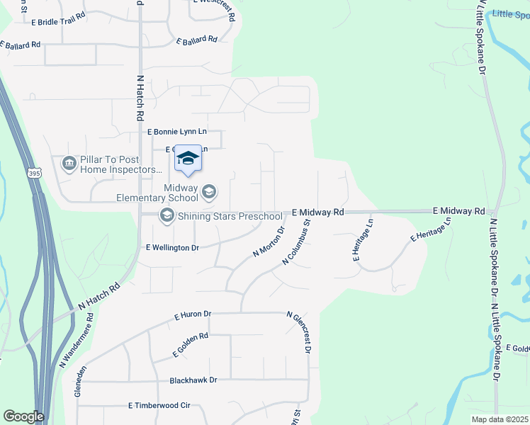 map of restaurants, bars, coffee shops, grocery stores, and more near 1101 East Midway Road in Spokane